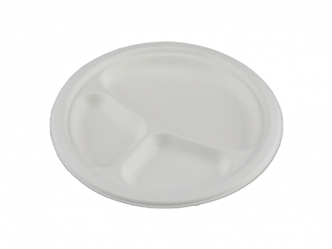 Menüteller aus Zuckerrohr (Bagasse) 3-geteilt Ø 26 cm (50 Stk.)