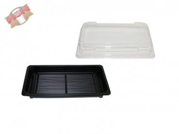 Sushi Schale Box schwarz mit Deckel transparent 185x129x20 mm aus PS (450 Stk.)