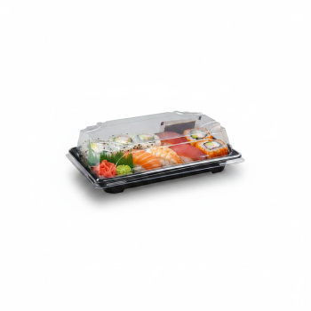 Preview: Sushi-Schale mit Deckel | 165 x 118 x 45 mm | PP/rPET | Schwarz + Klar (50 Stk.)