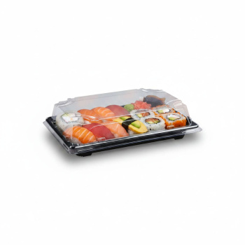Preview: Sushi-Schale mit Deckel | 188 x 130 x 45 mm | PP/rPET | Schwarz + Klar (50 Stk.)