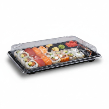 Sushi-Schale mit Deckel | 260 x 190 x 45 mm | PP/rPET | Schwarz + Klar (50 Stk.)