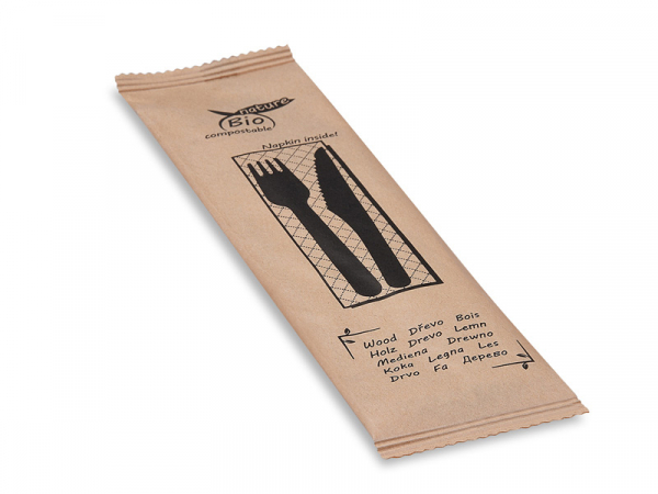 Holzbesteck-Set aus Holz Gabel und Messer + Serviette (60 Stk.)