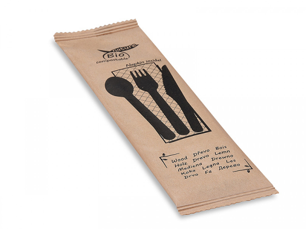 Holzbesteck-Set aus Holz Gabel, Löffel und Messer + Serviette (50 Stück)