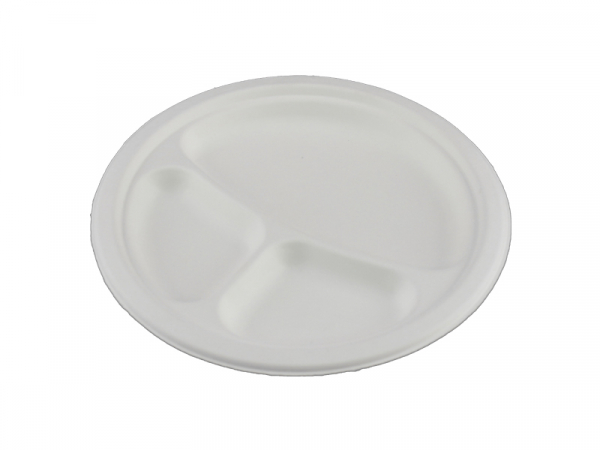 Menüteller aus Zuckerrohr (Bagasse) 3-geteilt Ø 26 cm (50 Stk.)