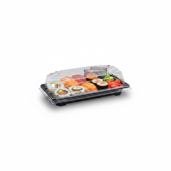 Sushi-Schale mit Deckel | 167 x 93 x 45 mm | PP/rPET | Schwarz + Klar (50 Stk.)