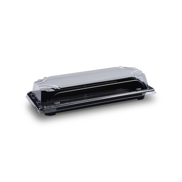Sushi-Schale mit Deckel | 224 x 94 x 45 mm | PP/rPET | Schwarz + Klar (50 Stk.)