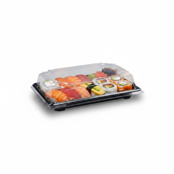 Sushi-Schale mit Deckel | 188 x 130 x 45 mm | PP/rPET | Schwarz + Klar (50 Stk.)