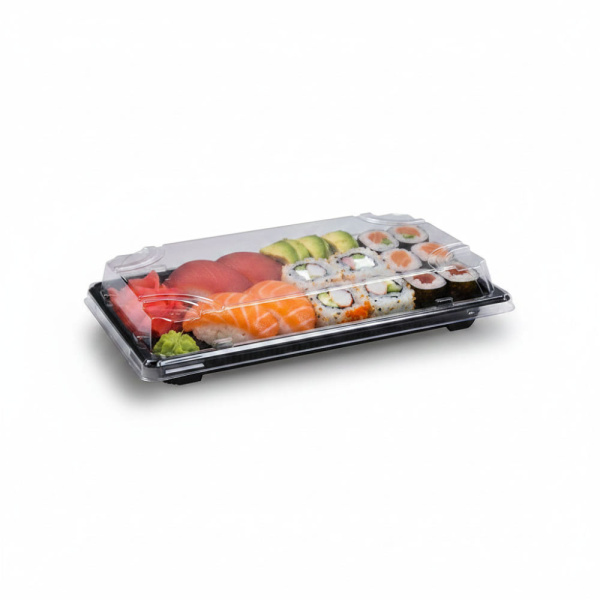Sushi-Schale mit Deckel | 217 x 136 x 45 mm | PP/rPET | Schwarz + Klar (50 Stk.)