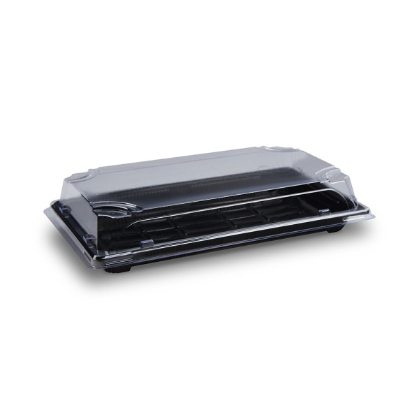 Sushi-Schale mit Deckel | 240 x 147 x 45 mm | PP/rPET | Schwarz + Klar (50 Stk.)