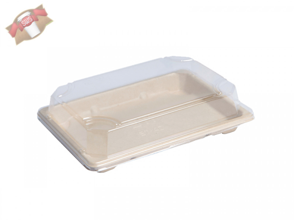 Bio Sushi Schachtel aus Zuckerrohr mit transparenter Deckel 213x133mm (200 Stück)